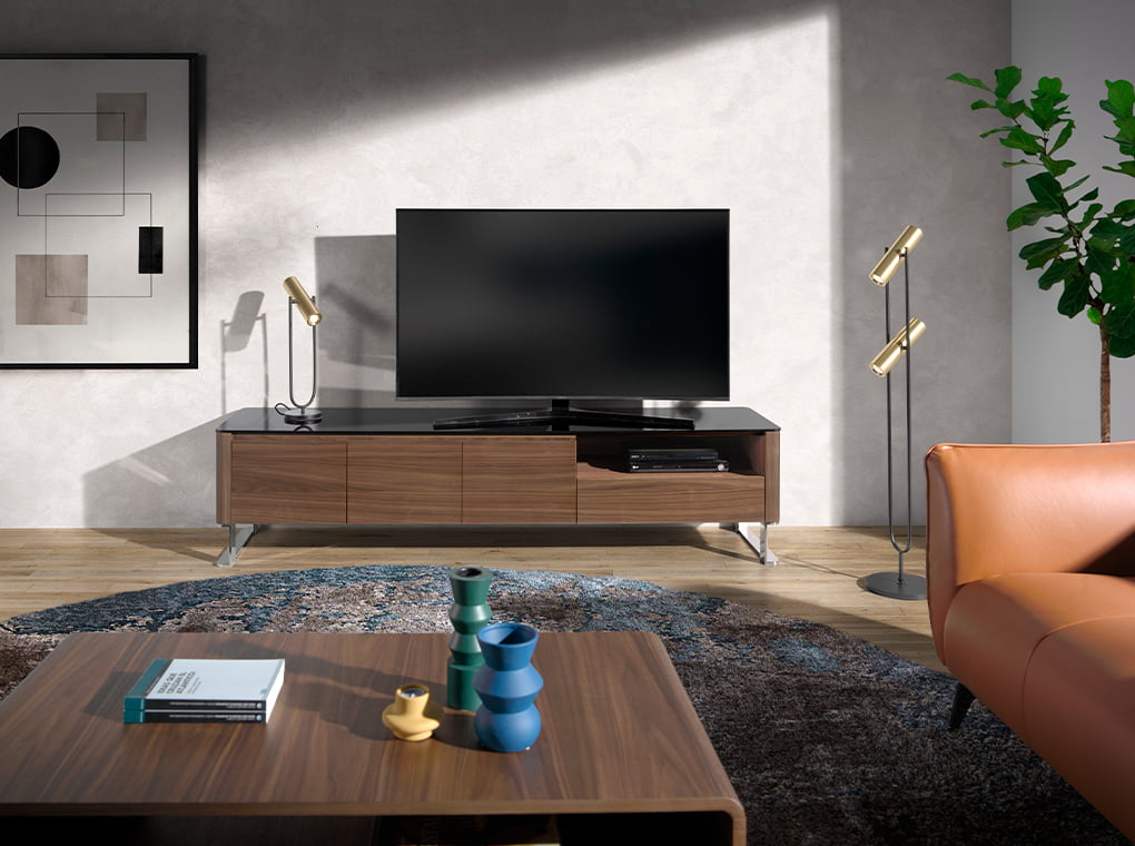 Mueble TV madera de nogal y tapa cristal templado negro 200cm