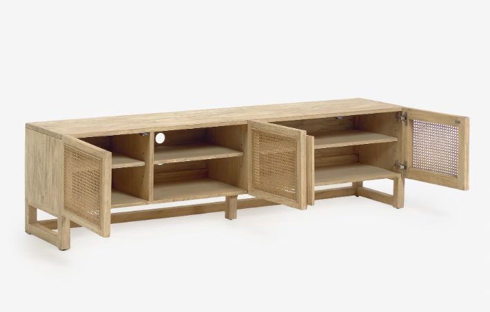 Mueble TV Mareti madera maciza y chapa mindi con ratán 180x50cm