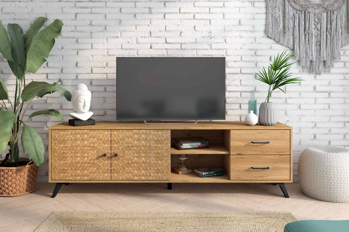 Mueble TV artesanal Malaca natural serigrafia 180cm