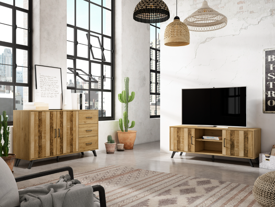 Mueble TV nordic en madera natual serigrafia 180x40cm