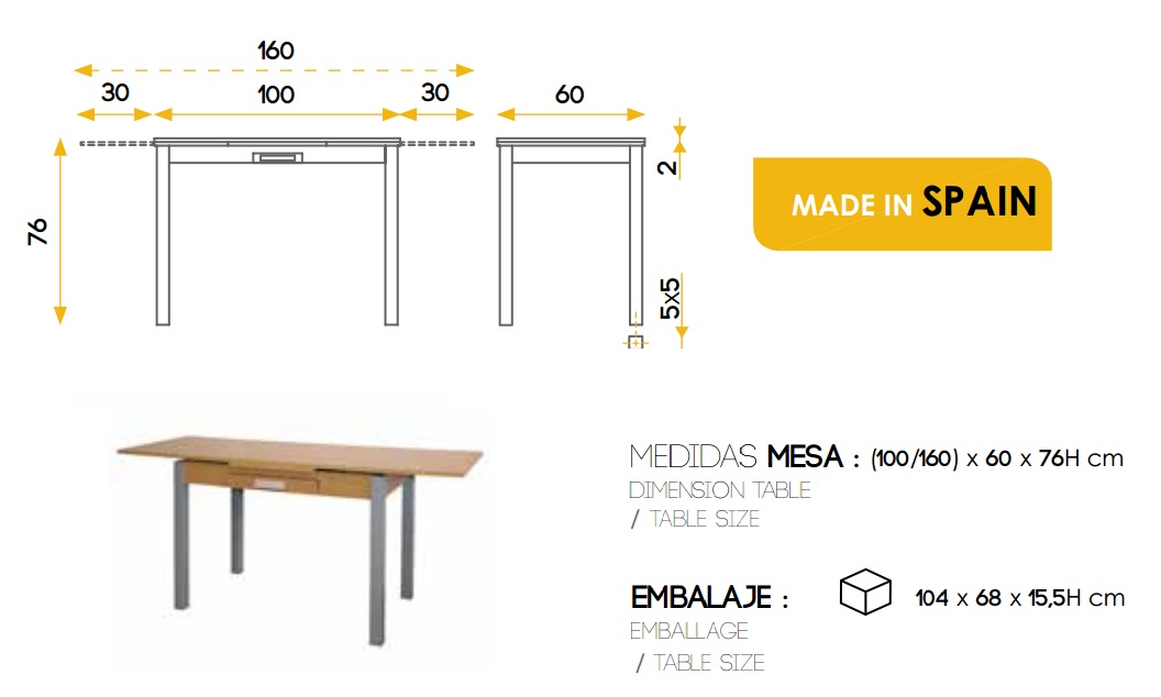 Conjunto de cocina mesa extensible roble con cajon Cerave y cuatro sillas Lago