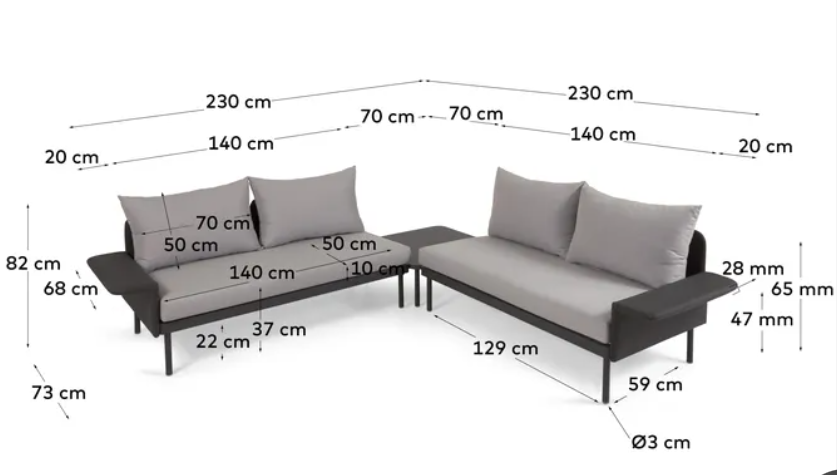 Set exterior Segorbe de sofá rinconero y mesa aluminio negro mate 164cm