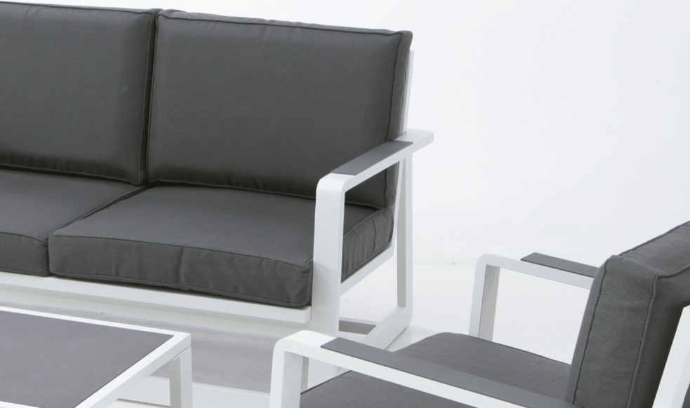 Set Bora sofa aluminio blanco cojines antracita