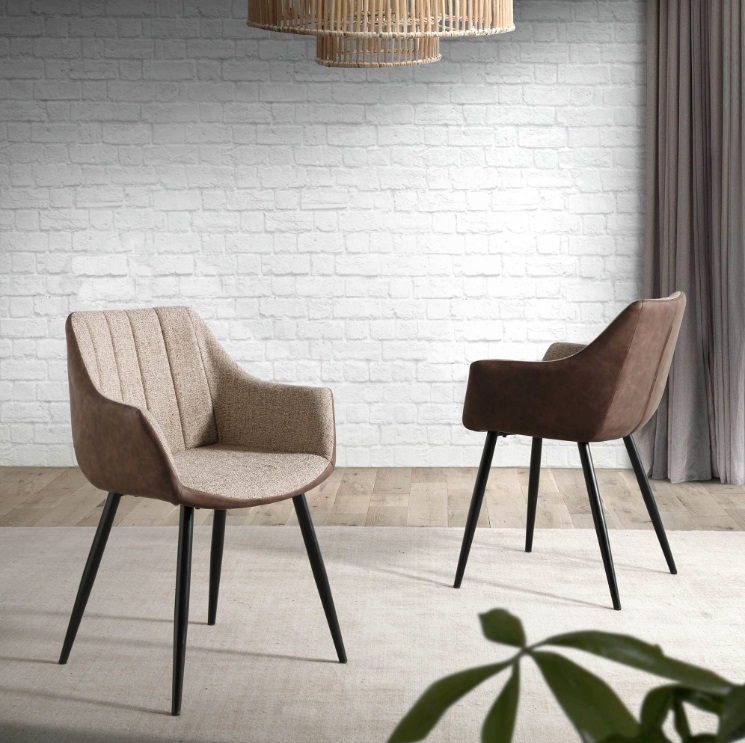 Silla brazos combinada tela beige ecopiel marron