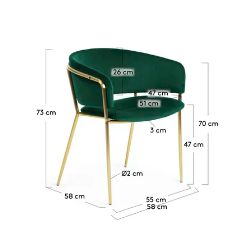 Silla Lorena terciopelo verde con patas de acero con acabado dorado