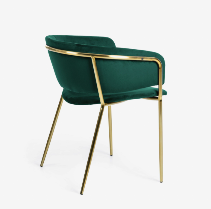 Silla Lorena terciopelo verde con patas de acero con acabado dorado