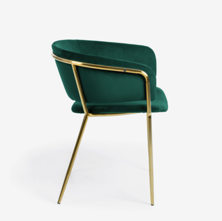 Silla Lorena terciopelo verde con patas de acero con acabado dorado