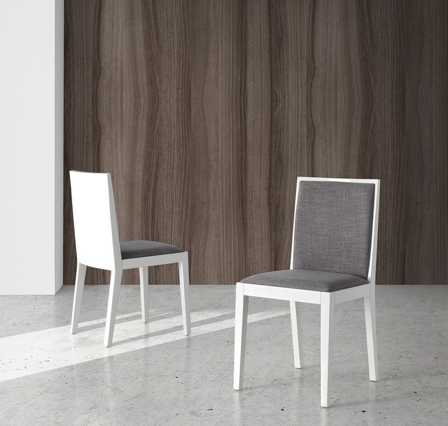 Silla madera lacada blanco brillo tela gris