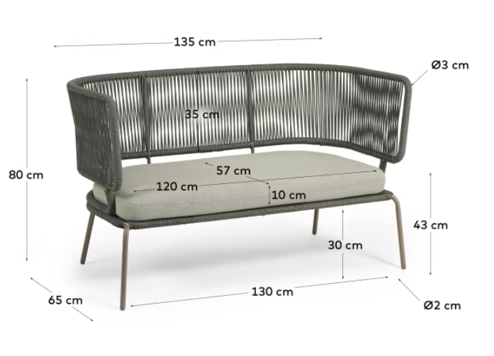 Sofa Petunia 2 plazas cuerda verde 135cm