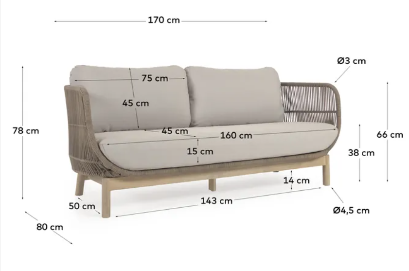 Sofá Lorenzo 3 plazas cuerda beige y madera maciza de acacia 170cm