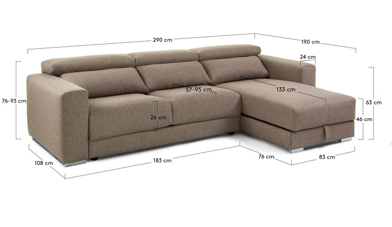 Sofa binari deslizante 3 plazas chaise longue tela marron