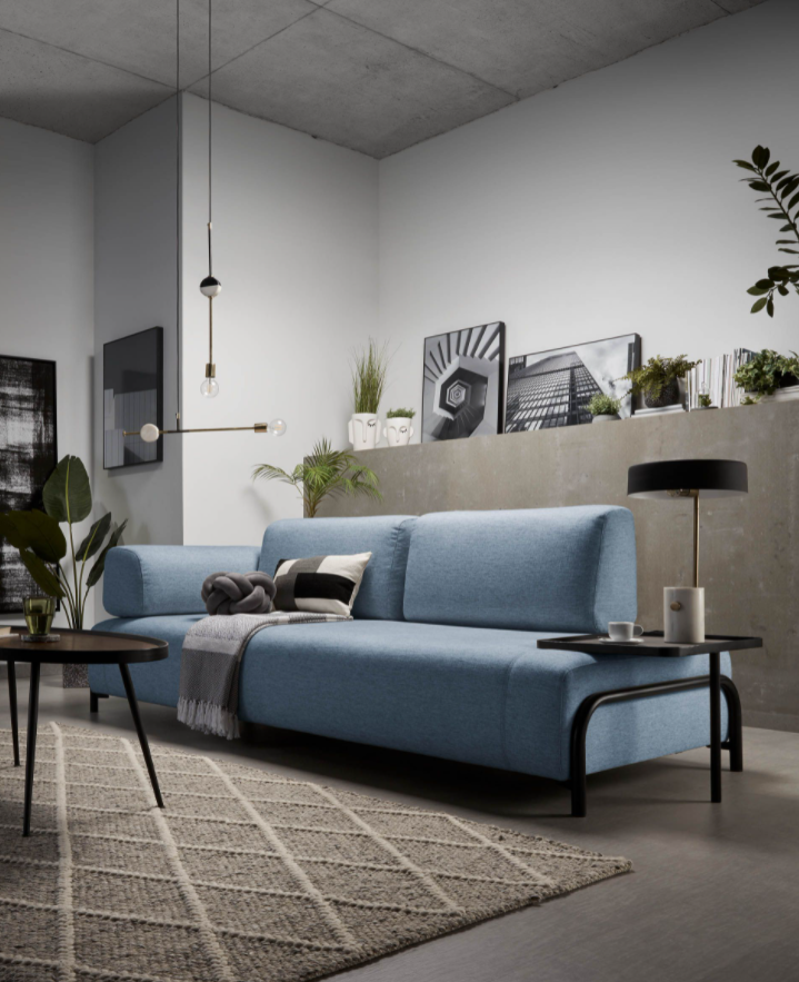 Sofa Damini 3 plazas azul con bandeja 252cm