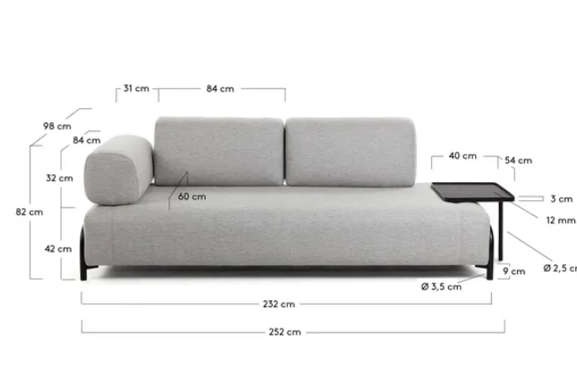 Sofa Damini 3 plazas beige con bandeja 252cm