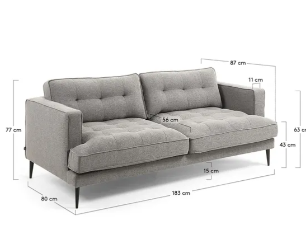 Sofa 3 plazas florence tela gris pies acero negro