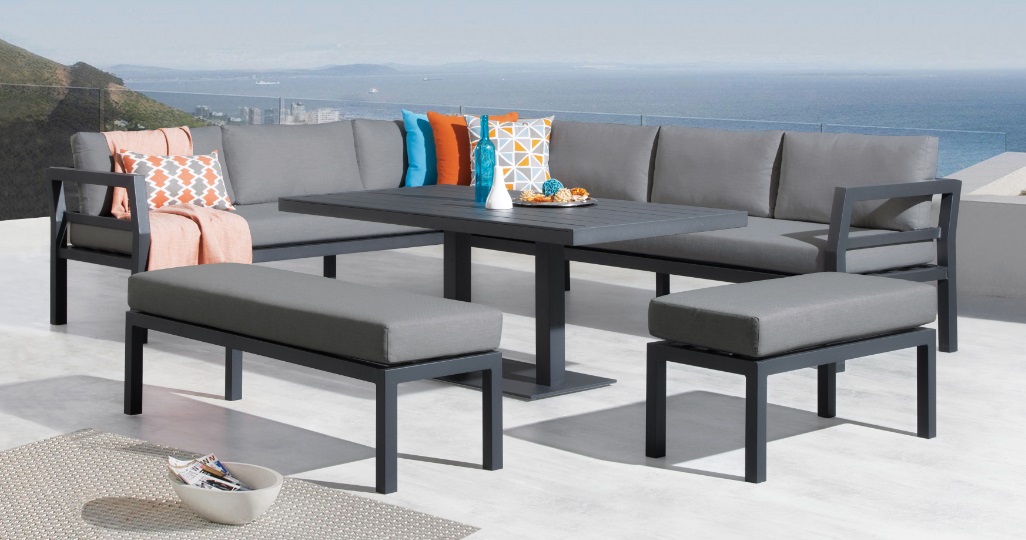 Set nasau sofa terraza aluminio gris antracita con mesa de comedor