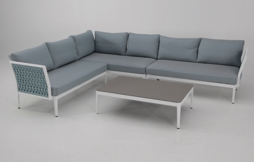 Sofa terraza rinconera Basel aluminio blanco cuerda azul