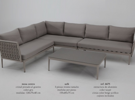 Sofa terraza rinconera Luzern aluminio taupe cuerda beige