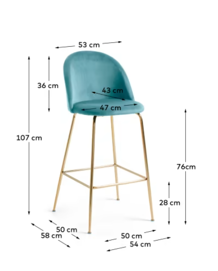 Taburete Elie terciopelo turquesa y acero dorado 76cm