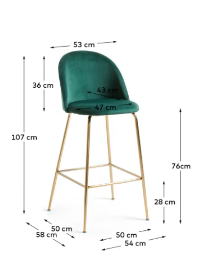 Taburete Elie terciopelo verde y acero dorado 76cm