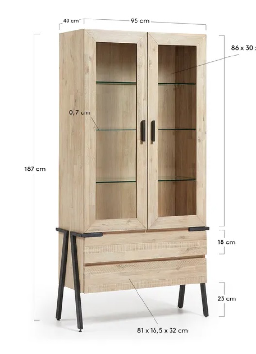 Vitrina Budapest madera maciza acacia 95x187 cm