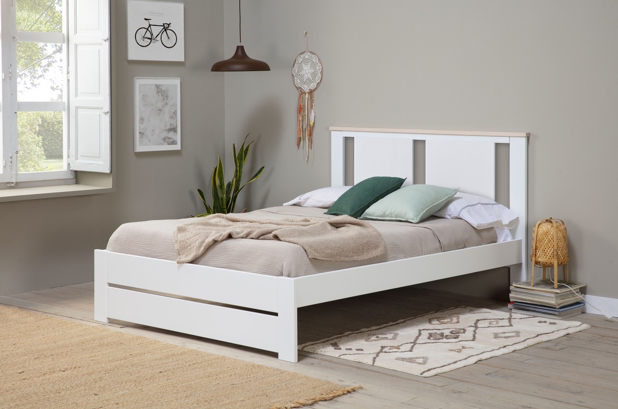 Cama madera Enara blanco con somier 140x190 cm