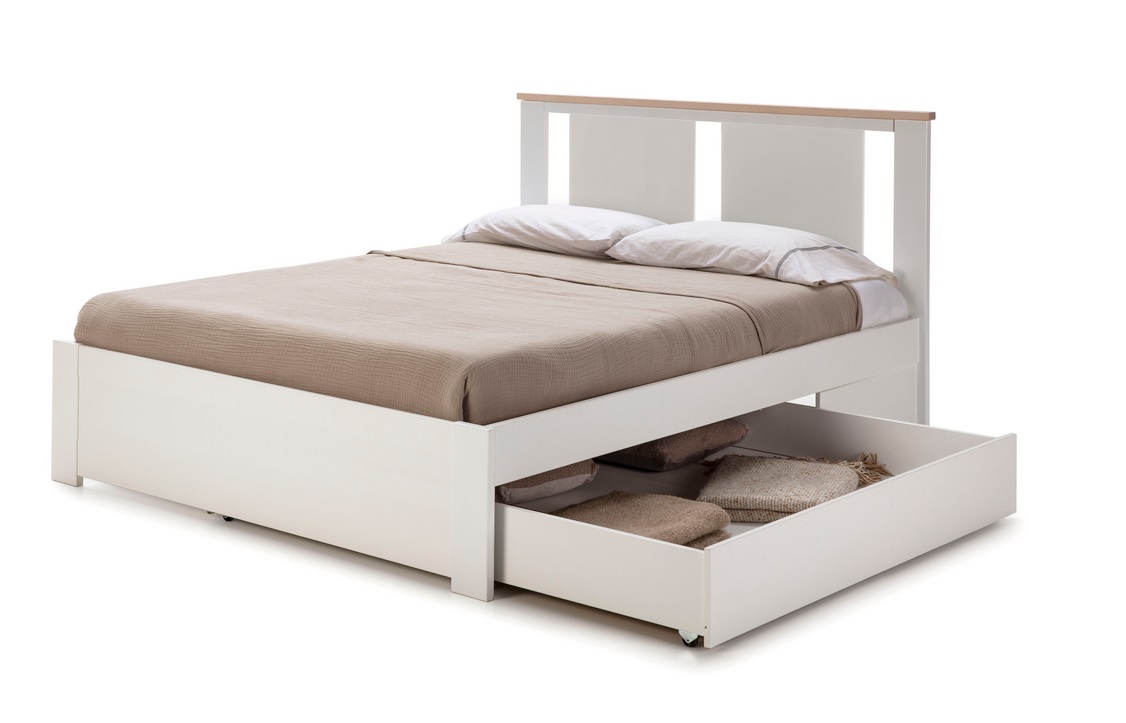 Cama madera Enara blanco con cajon y somier 140x190 cm