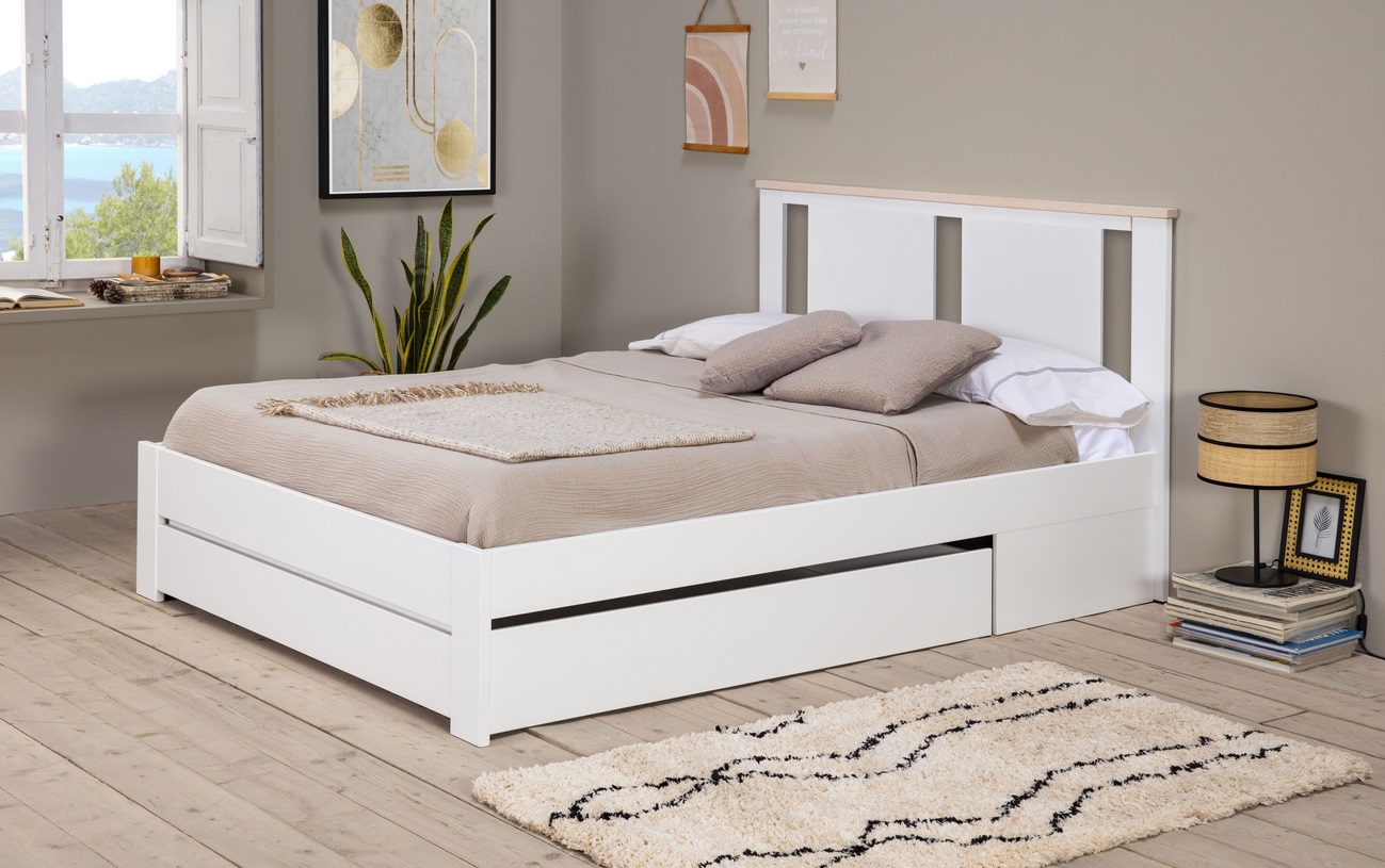 Cama madera Enara blanco con cajon y somier 140x190 cm