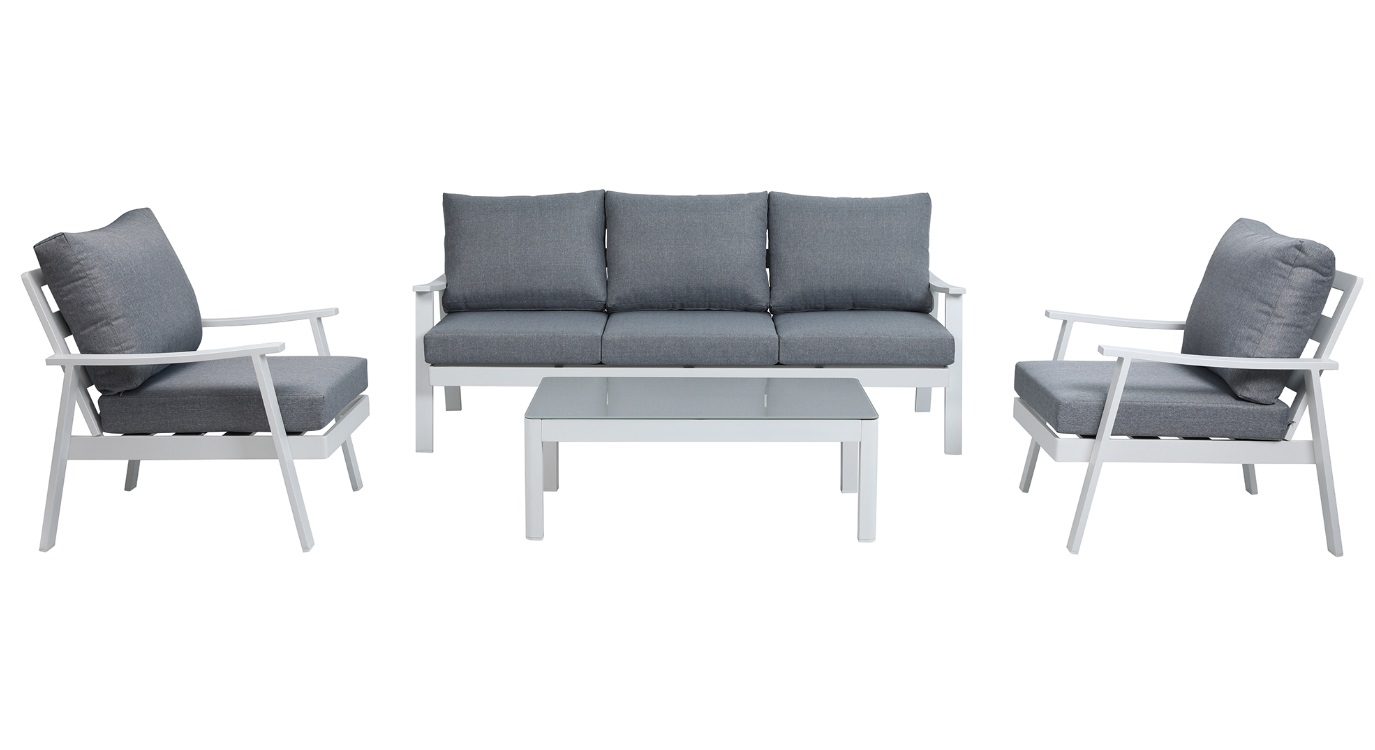 Set sofas terraza blanco cojines gris 5 plazas kay