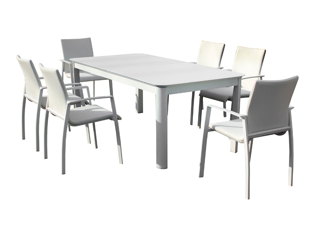 Mesa Cuzco aluminio cristal blanco 180-240x100 cm