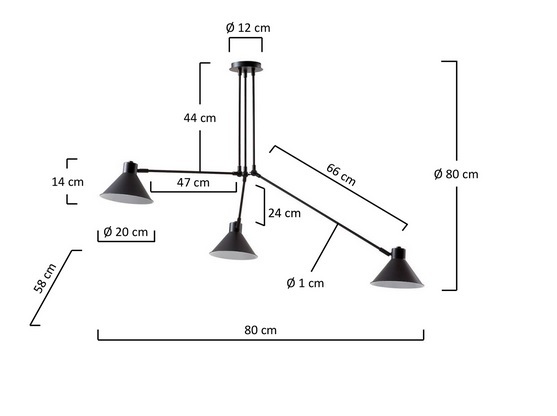 Lampara 3 focos metal negro antic