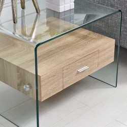 Mesa auxiliar cristal transparente cajon roble 50x50