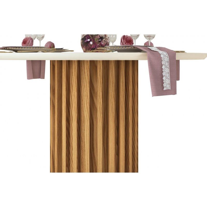 Mesa Venera con tapa lacada con vidrio pegado y base de madera roble 136 cm