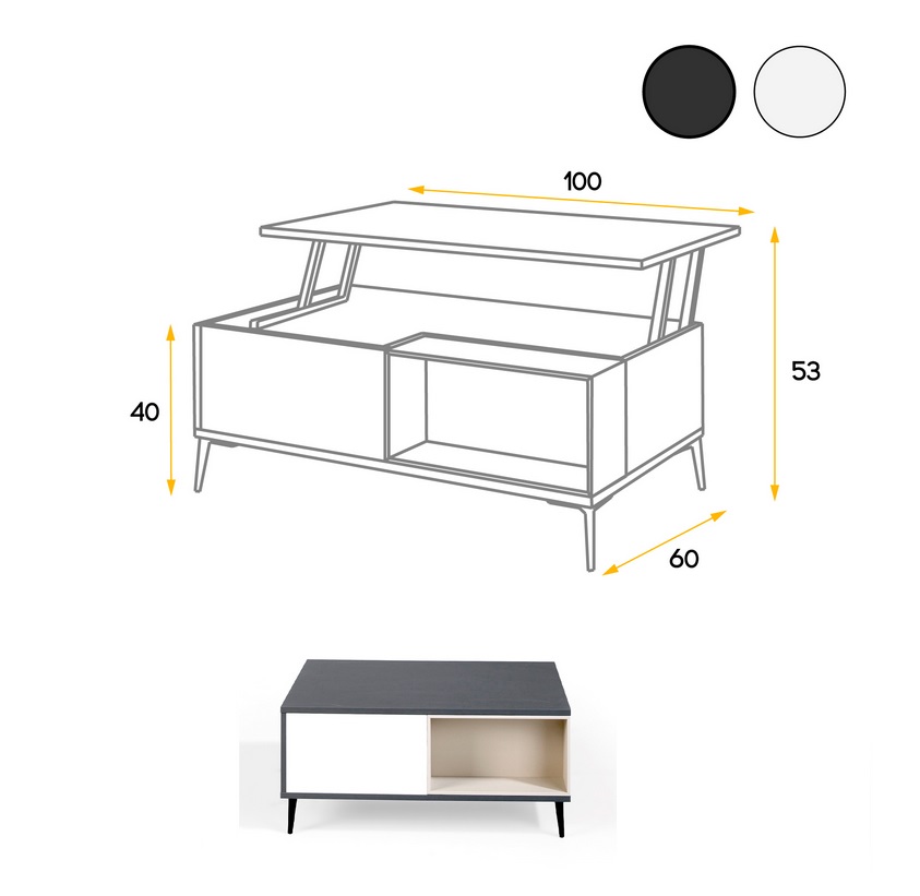 Mesa de centro elevable Lauki Blanco mate antracita 100x60