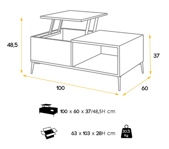 Mesa de centro elevable blanco roble Aspen 100x60