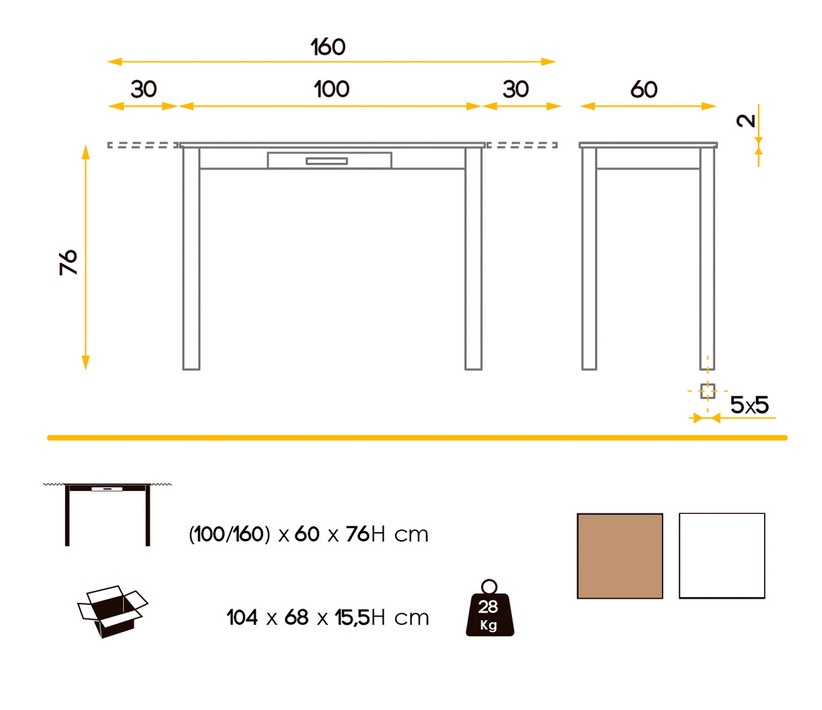 Mesa de cocina Bari blanco roble 100-160x60