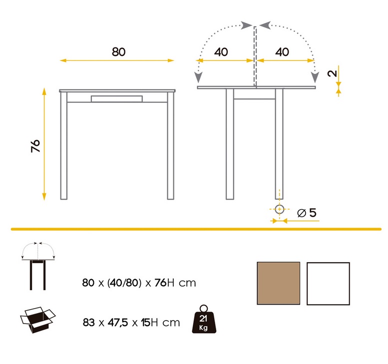 Mesa de cocina Capri blanco roble 80x40-80