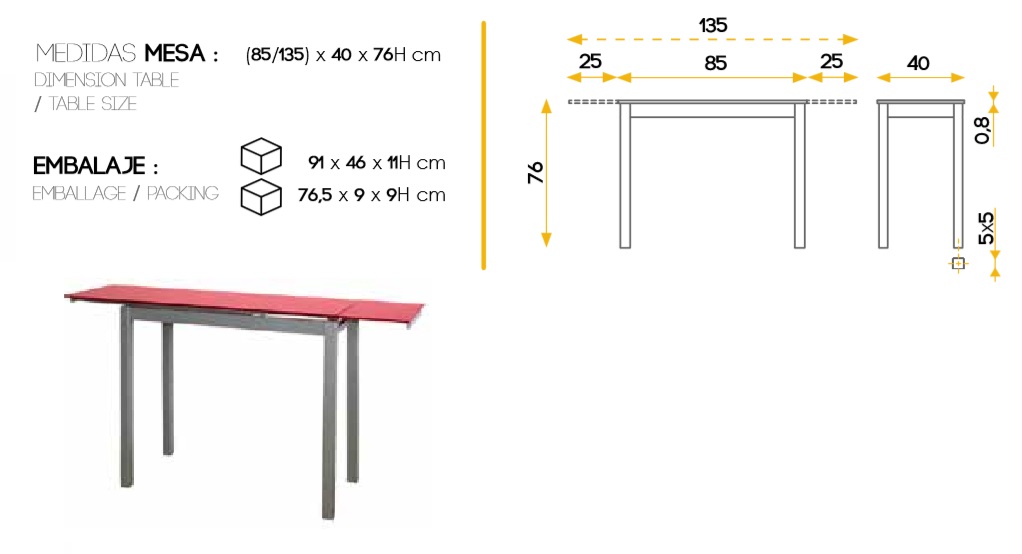 Mesa de cocina extensible Portugal cristal rojo