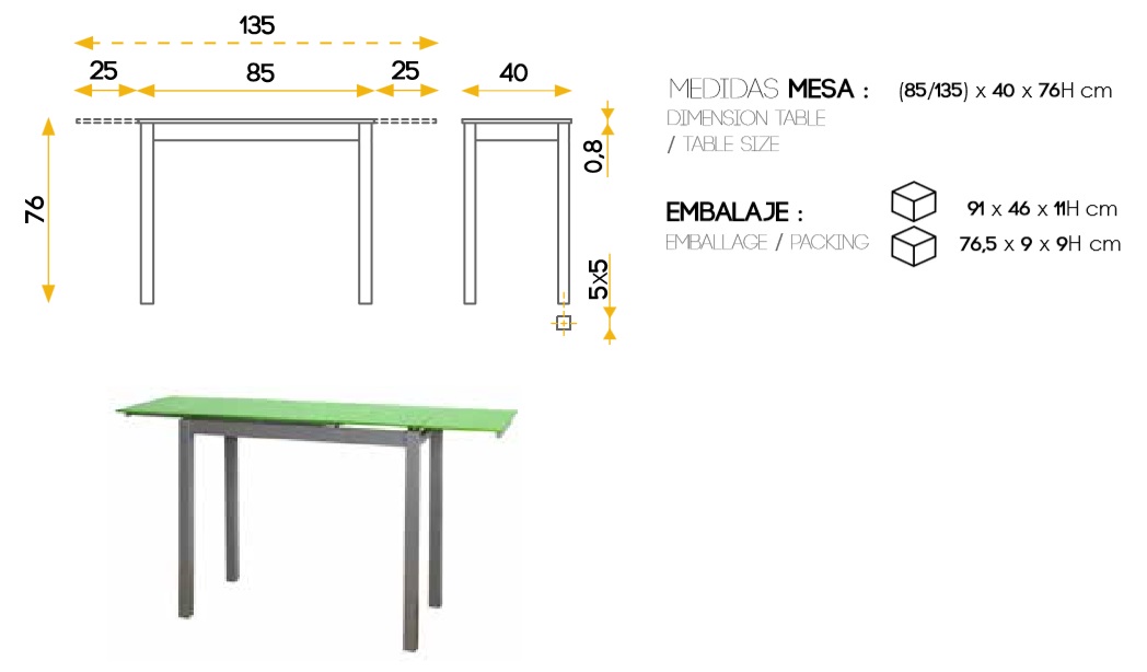 Conjunto de cocina mesa extensible Marboma cristal verde 3 taburetes Orleans