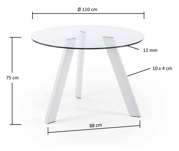 Mesa redonda cristal pies acero blanco 110