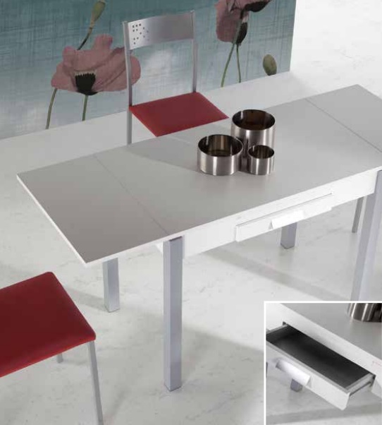 Conjunto de cocina mesa extensible MDF blanca con cajon Ceravey cuatro sillas luso