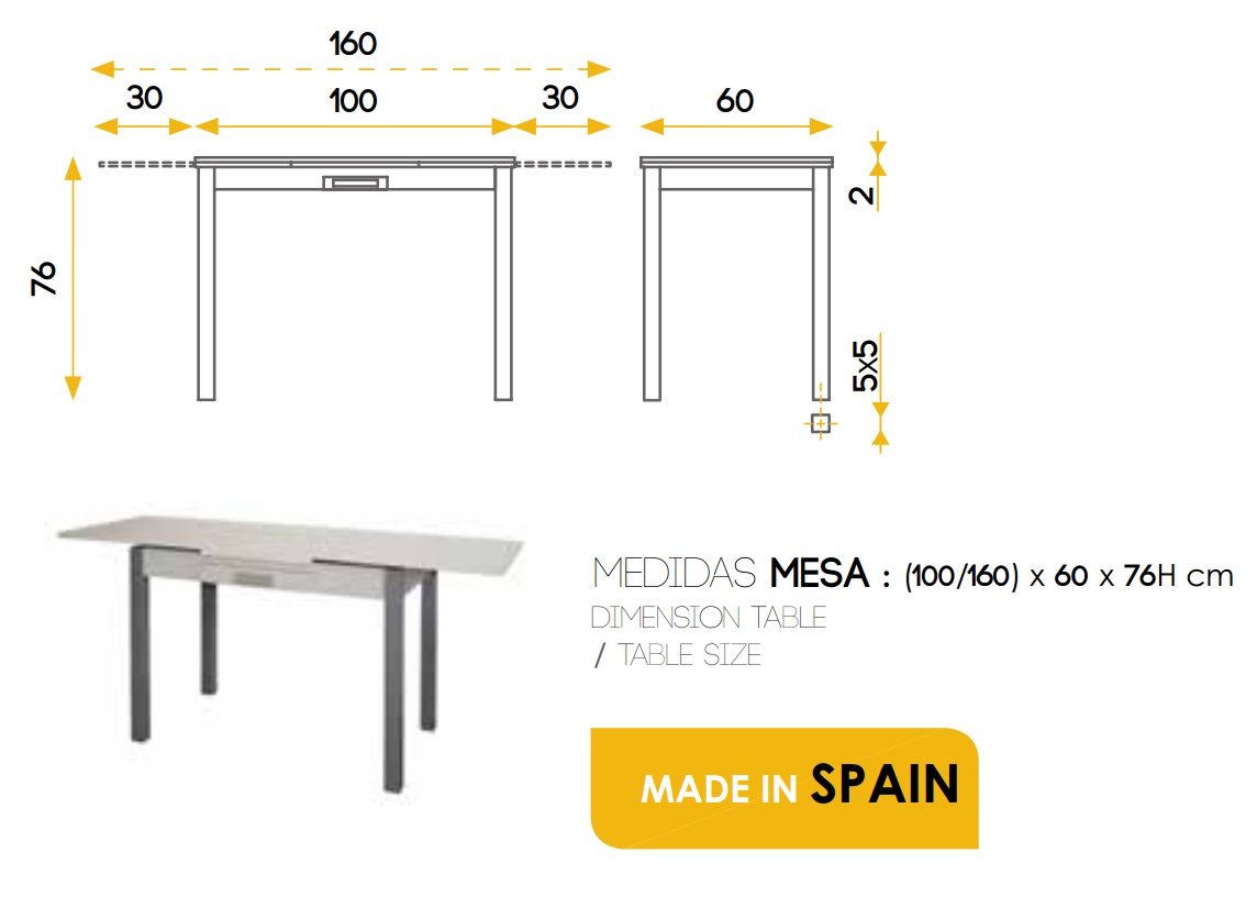 Conjunto de cocina mesa extensible MDF blanca con cajon Ceravey cuatro sillas luso