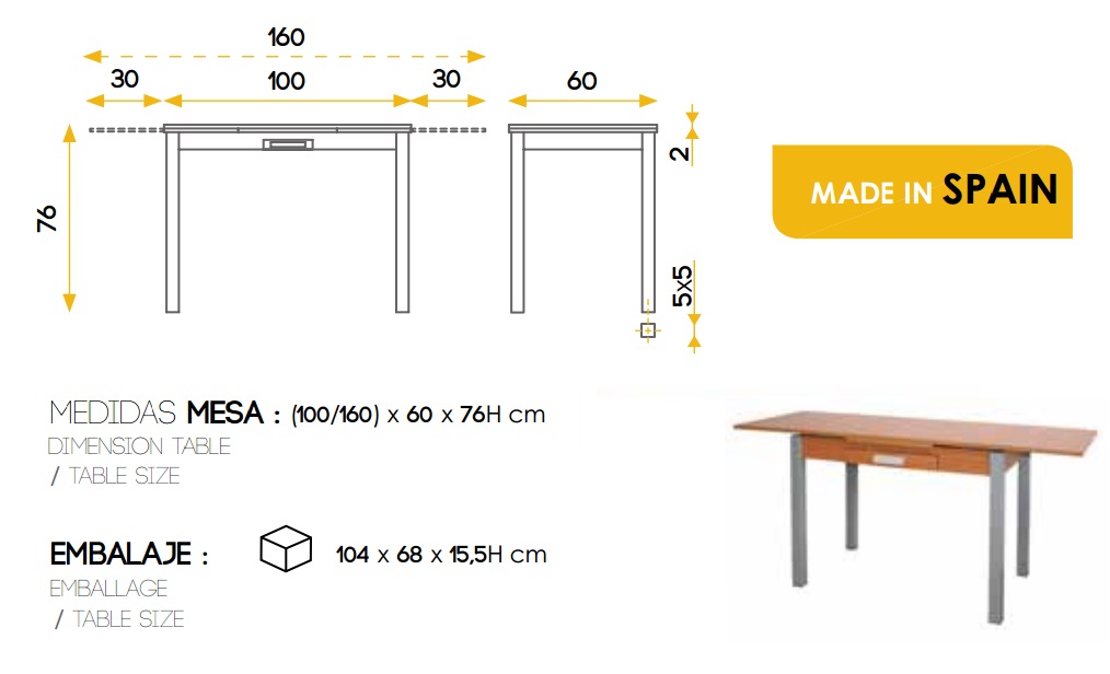 Conjunto de cocina mesa extensible MDF cerezo con cajon Cerave y cuatro sillas Oporto