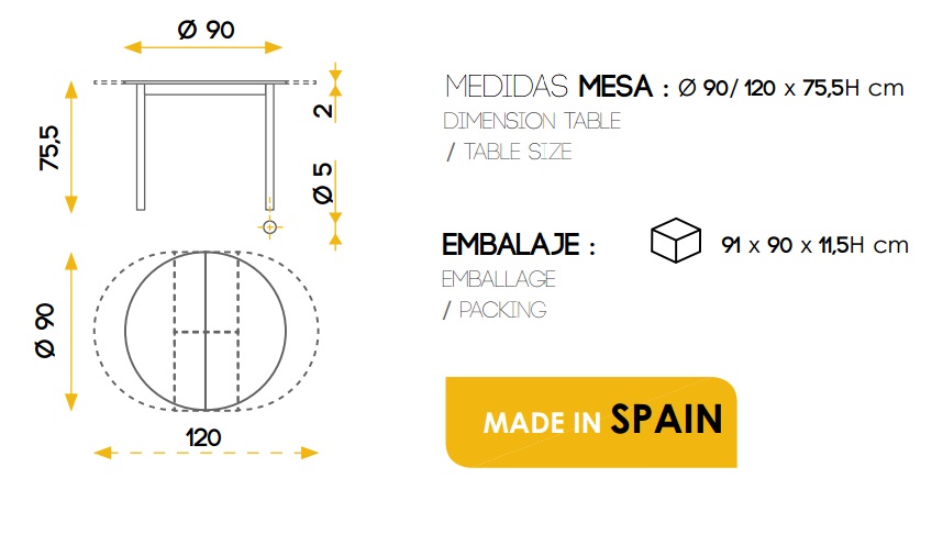 Mesa de cocina redonda extensible blanca 90-120 cm