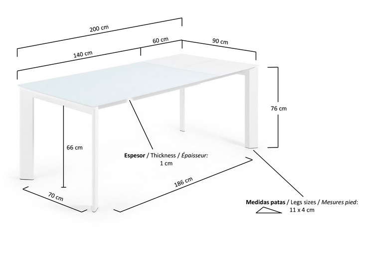 Mesa extensible cristal blanco Lam 140-200x90