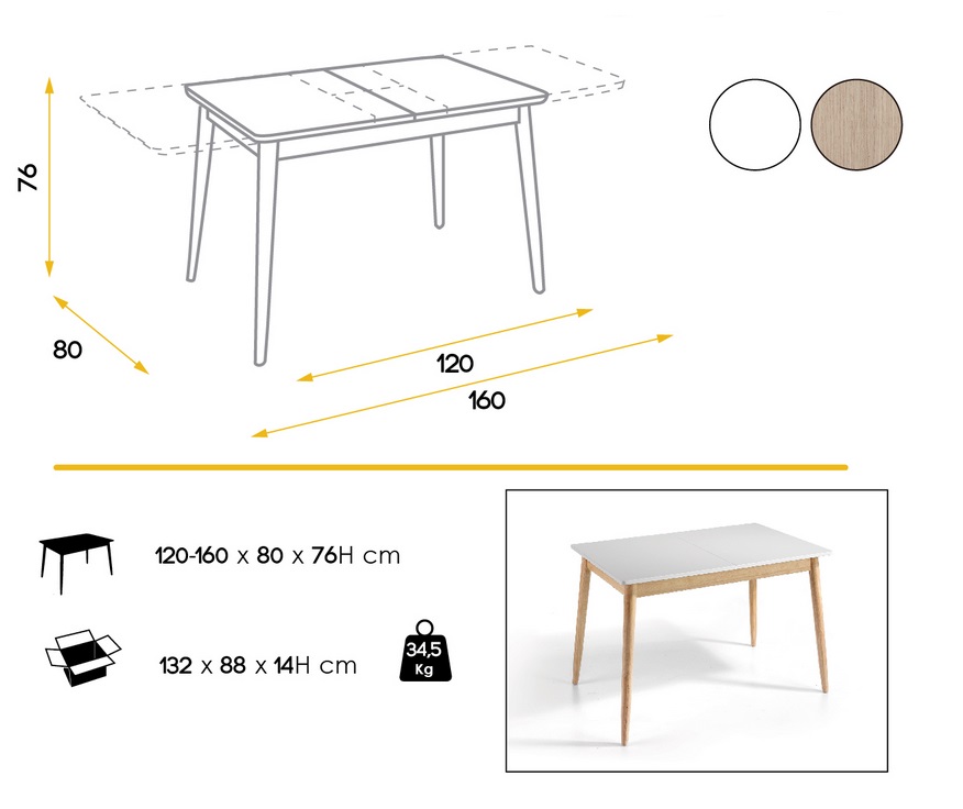 Mesa Lugano blanco mate roble extensible 120-160x80