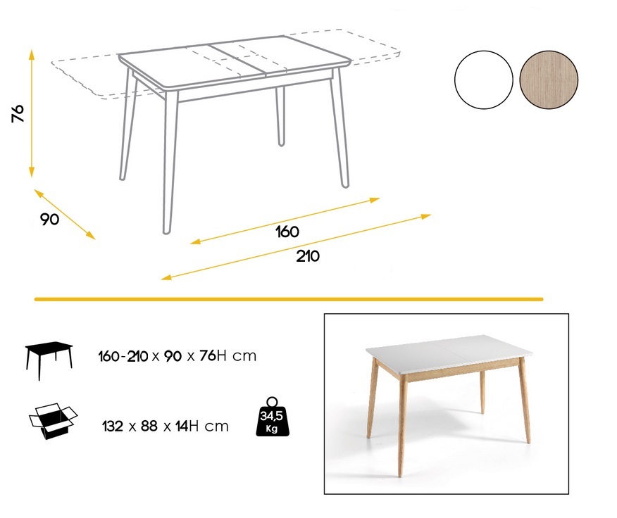 Mesa lugano blanco mate roble extensible 160-210x90