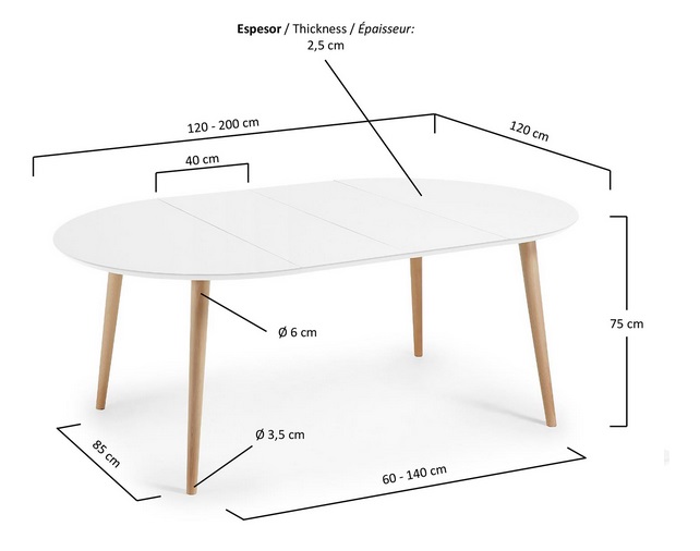 Mesa nordica redonda extensible blanco mate haya 120-200x120