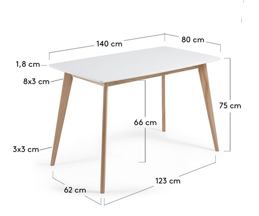 Mesa nordica blanco mate fresno 140x80