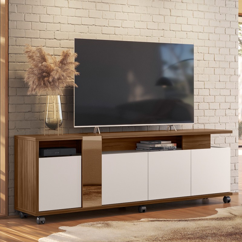 Mueble Tv Miami nogal, blanco roto y cristal 183