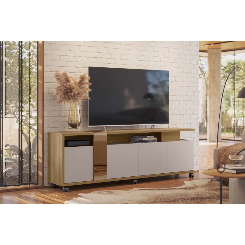 Mueble Tv Miami roble, blanco roto y cristal 183